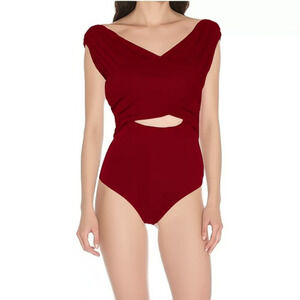 LE LIS Bodysuit Womens Large Deep Red Cutout Asymmetric Draped Neckline NEW